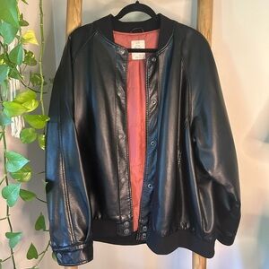 Oversized Black Leather Bomber Jacket